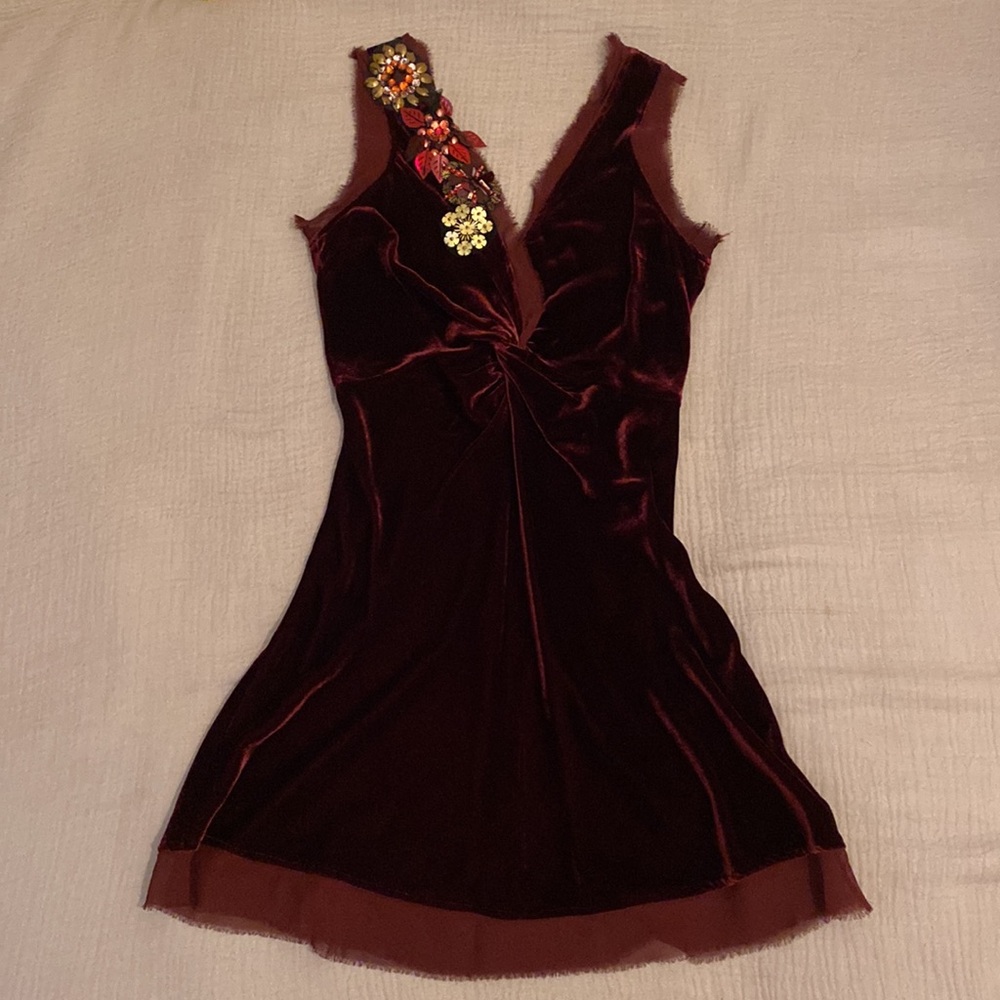 Plenty by Tracy Reese Silk Blend Velvet Burgundy Mini Dress with Flowers Size P